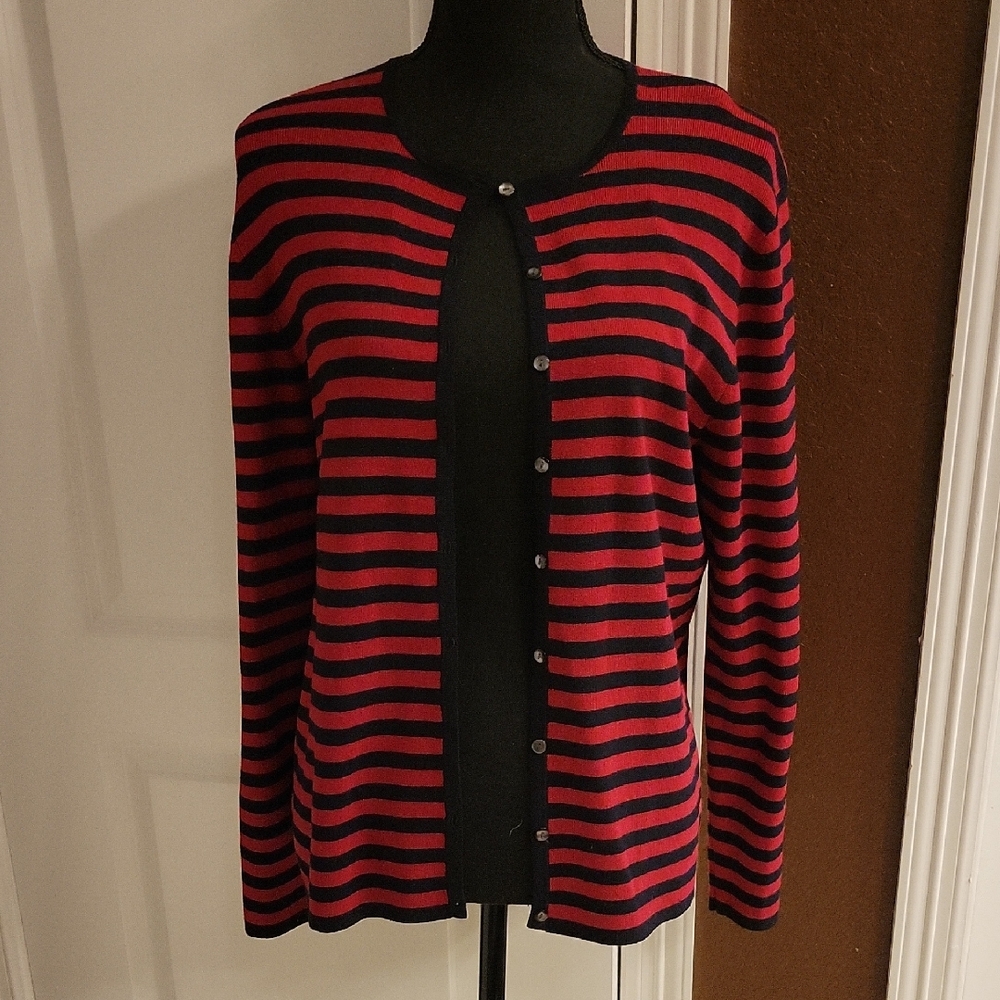 Ann Taylor Red and Black Striped Button-Front Cardigan